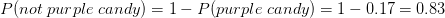 P(not\; purple\; candy)=1-P(purple\; candy)=1-0.17=0.83