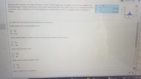 Question Help n 72 What are the chances your flight will leave on time? To the right are a histogram and summary statistics f