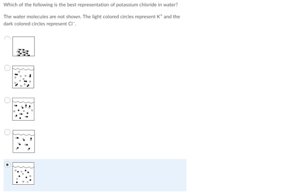 Which of the following is the best representation of potassium chloride in water? The water molecules are not shown. The ligh