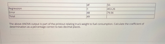 df Regression Error Total SS 453.26 79.56 48 49 The above ANOVA output is part of the printout relating truck weight to fuel
