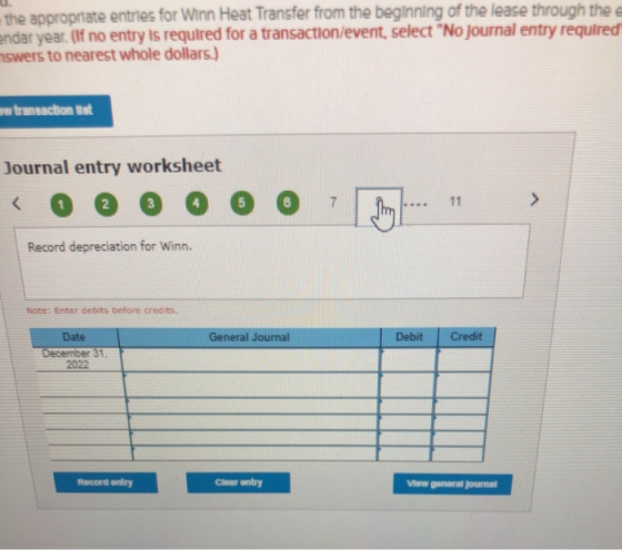 the appropriate entries for Winn Heat Transfer from the beginning of the lease through the e endar year. (If no entry is requ