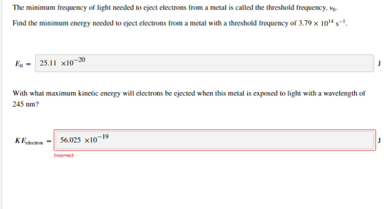 The minimum frequency of light needed to eject electrons from a metal is called the threshold frequency, Vo. Find the minimum