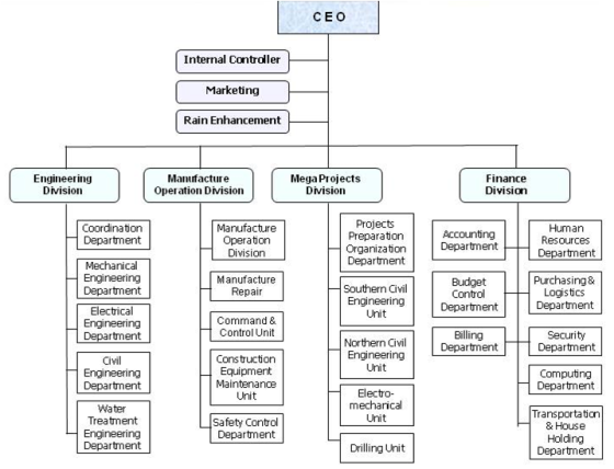 CEO Internal Controller Marketing Rain Enhancement Engineering Division Manufacture Operation Division Mega Projects Division