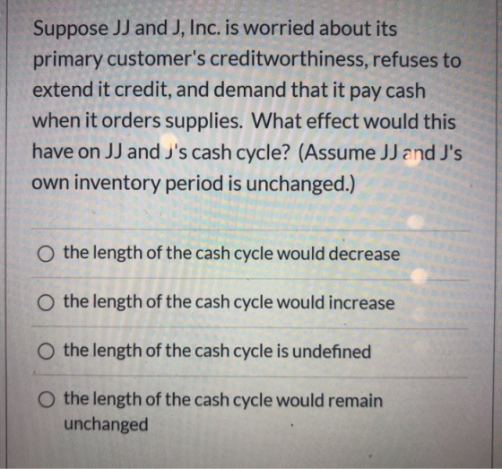 Suppose JJ and J, Inc. is worried about its primary customers creditworthiness, refuses to extend it credit, and demand that