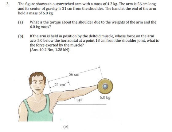 3. The figure shows an outstretched arm with a mass of 4.2 kg. The arm is 56 cm long, and its center of gravity is 21 cm from