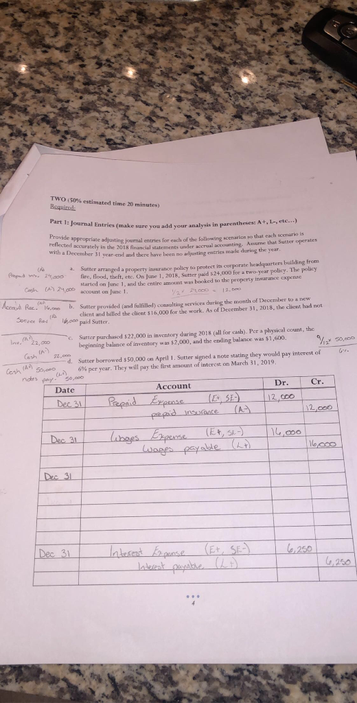 TWO (50% estimated time 20 minutes) Required Part 1: Journal Entries (make sure y Journal Entries make sure you add your anal