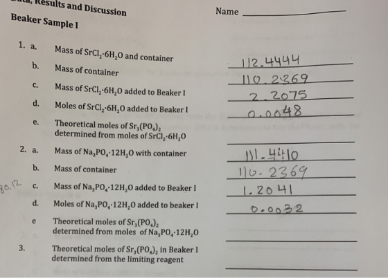 vula, Results and Discussion Beaker Sample 1 Name Mass of SrCl-6H,0 and container Mass of container Mass of SrCl, 6H 0 added