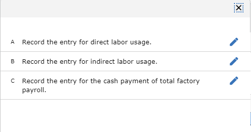 A Record the entry for direct labor usage. B Record the entry for indirect labor usage. C Record the entry for the cash payme