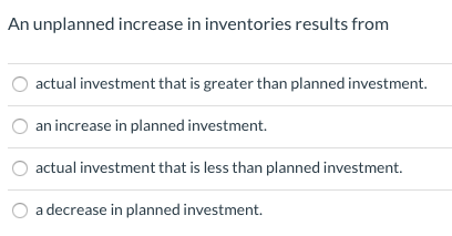 An unplanned increase in inventories results from O actual investment that is greater than planned investment. O an increase