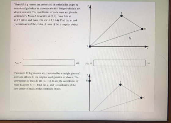 Three 87.6 g masses are connected in a triangular shape by massless rigid wires as shown in the first image (which is not dra