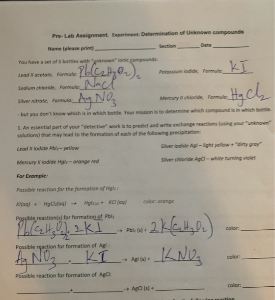 Pre-Lab Assignment. Experiment: Determination of Unknown compounds Name (please print) Section Date You have a set of 5 bottl