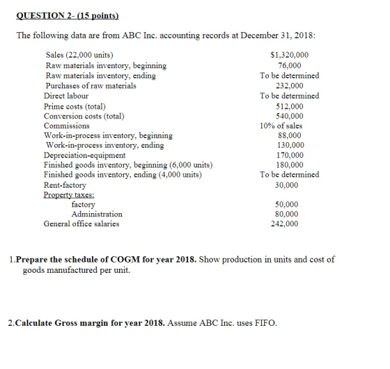 QUESTION 2- (15 points) The following data are from ABC Inc. accounting records at December 31, 2018: Sales (22,000 units) Ra