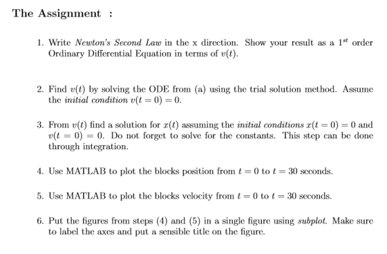 The Assignment : 1. Write Newtons Second Law in the x direction. Show your result as a 1st order Ordinary Differential Equat