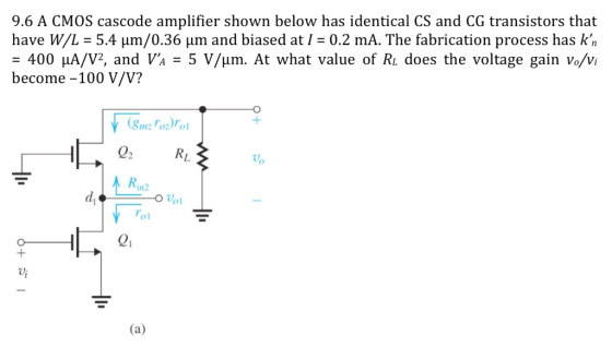 9.6 A CMOS cascode amplifier shown below has identical CS and CG transistors that have W/L-5.4 μm/0.36 μm and biased at 1-0.2