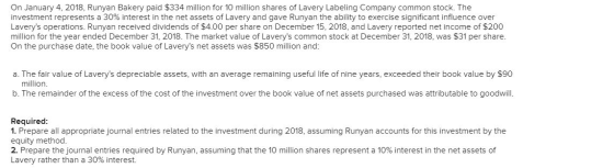 On January 4, 2018, Runyan Bakery paid $334 million for 10 million shares of Lavery Labeling Company common stock. The invest