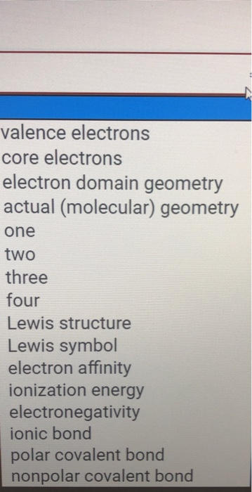 valence electrons core electrons electron domain geometry actual (molecular) geometry one two three four Lewis structure Lewi