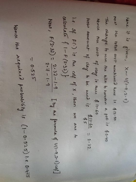 here it is given, X. (1.9, 2.7) Now the total cost mentioned here is $12.00 The charge to use the kiln to harden a pob is $0.