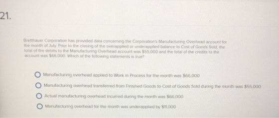 21. Bretthauer Corporation has provided data concerning the Corporations Manufacturing Overhead account for the month of Jul