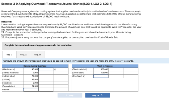 Exercise 3-9 Applying Overhead; T-accounts; Journal Entries [L03-1, LO3-2, LO3-4] Harwood Company uses a job-order costing system that applies overhead cost to jobs on the basis of machine-hours. The companys predetermined overhead rate of $2.60 per machine-hour was based on a cost formula that estimates $257,400 of total manufacturing overhead for an estimated activity level of 99,000 machine-hours. Required 1. Assume that during the year the company works only 94,000 machine-hours and incurs the following costs in the Manufacturing Overhead and Work in Process accounts: Compute the amount of overhead cost that would be applied to Work in Process for the year and make the entry in your T-accounts. 2A. Compute the amount of underapplied or overapplied overhead for the year and show the balance in your Manufacturing Overhead T-account. 2B. Prepare a journal entry to close the companys underapplied or overapplied overhead to Cost of Goods Solo Complete this question by entering your answers in the tabs below Req 1 Req 2A Req 2B Compute the amount of overhead cost that would be applied to Work in Process for the year and make the entry in your T-accounts Manufacturing Overhead 40,000 9,900 79,000 46,000 8,900 64,000 Work in Process (Maintenance) (Indirect materials) (Indirect labor) (Utilities) (Insurance) (Depreciation) Balance (Direct materials) (Direct labor) (Overhead) (a) 900,000 109,000 Req 1 Req 2A>