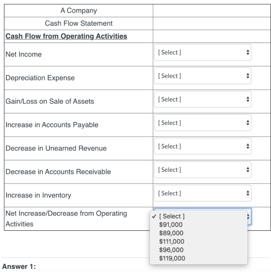 A Company Cash Flow Statement Cash Flow from Operating Activities Net Income [ Select ] Depreciation Expense [Select ] Gain/L