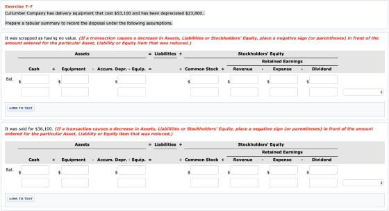 Exercise 7-7 Cullumber Company has delivery equipment that cost $53,100 and has been depreciated $23,800. Prepare a tabular s