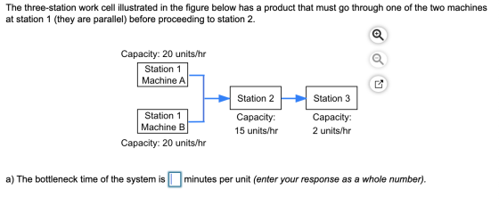 The three-station work cell illustrated in the figure below has a product that must go through one of the two machines at sta
