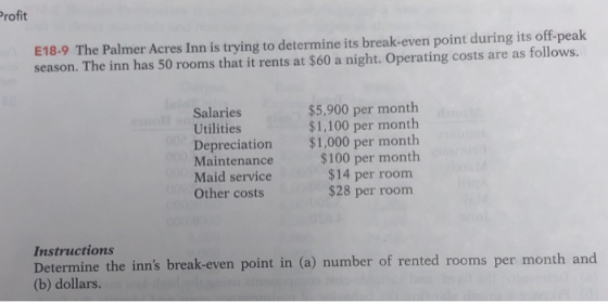 Profit E18-9 The Palmer Acres Inn is trying to determine its break-even point during its off-peak season. The inn has 50 room