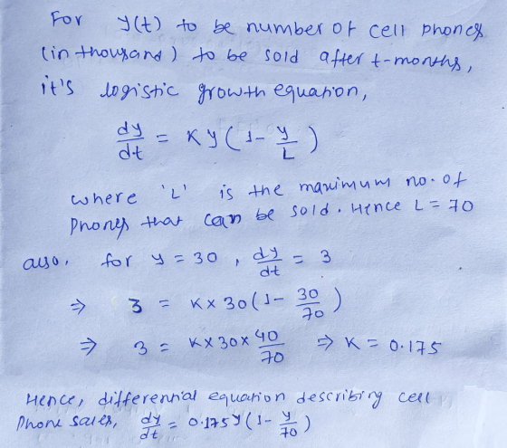 For y(t) to be number of cell phones (in thousand) to be sold after t-months, its logistic growth equation, de = KY (1 - 2 )