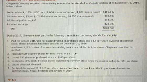 Cheyenne Company reported the following amounts in the stockholders equity section of its December 31, 2016, balance sheet. | Preferred stock, 10%, $100 par (10,000 shares authorized, 1,800 shares issued) $180,000 Common stock, $5 par (103,500 shares authorized, 20,700 shares issued) Additional paid-in capital Retained earnings 103,500 114,000 423,000 $820,500 Total During 2017, Cheyenne took part in the following transactions concerning stockholders equity 1. Paid the annual 2016 $10 per share dividend on preferred stock and a $2 per share dividend on common stock. These dividends had been declared on December 31, 2016 2. Purchased 1,500 shares of its own outstanding common stock for $43 per share. Cheyenne uses the cost method 3. Reissued 600 treasury shares for land valued at $27,100. 4. Issued 550 shares of preferred stock at $105 per share. 5. Declared a 10% stock dividend on the outstanding common stock when the stock is selling for $41 per share. 6. Issued the stock dividend 7. Declared the annual 2017 $10 per share dividend on preferred stock and the $2 per share dividend on common stock. These dividends are payable in 2018