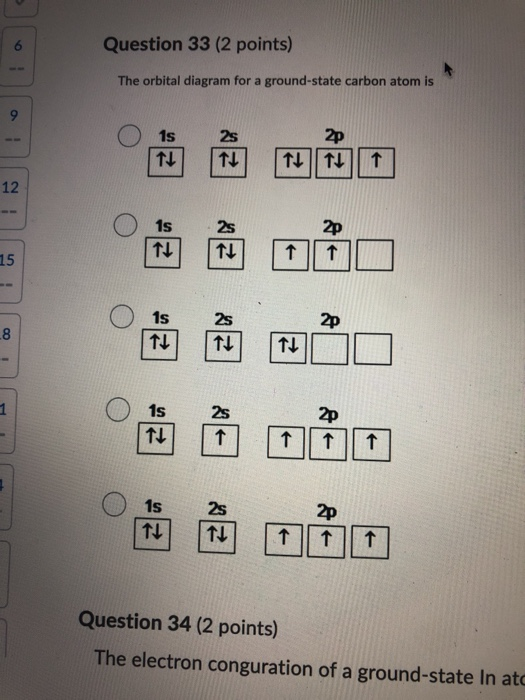 Question 33 (2 points) The orbital diagram for a ground-state carbon atom is 9 1s 四 || 个 12 Is 四门 至 1 15 15 5 8 is 1 四十 个 个 个