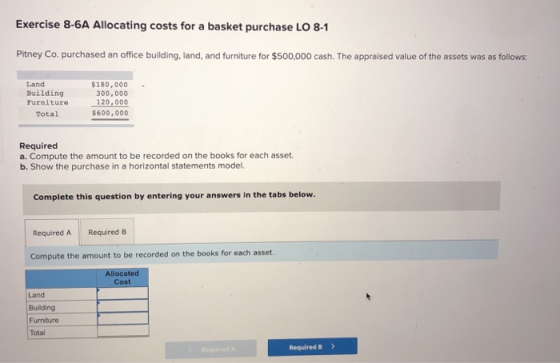 Exercise 8-6A Allocating costs for a basket purchase LO 8-1 Pitney Co. purchased an office building, land, and furniture for