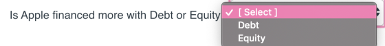 Is Apple financed more with Debt or Equity [Select] Debt Equity