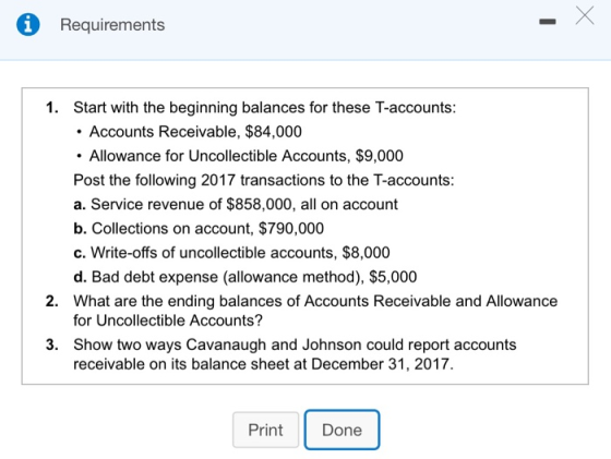 0 Requirements 1. Start with the beginning balances for these T-accounts: • Accounts Receivable, $84,000 • Allowance for Unco