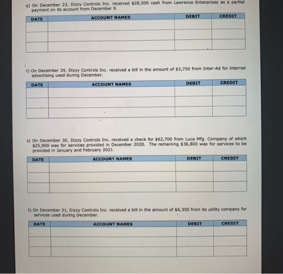 a) On December 23, Dizzy Controls Inc. received $28,500 cash from Lawrence Enterprises as a partial payment on its account fr