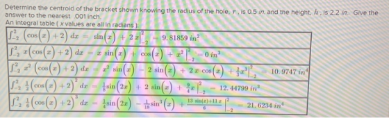 Determine the centroid of the bracket shown knowing the radius of the hole, r, is 0.5 in, and the height, h, is 2.2 in Glve t