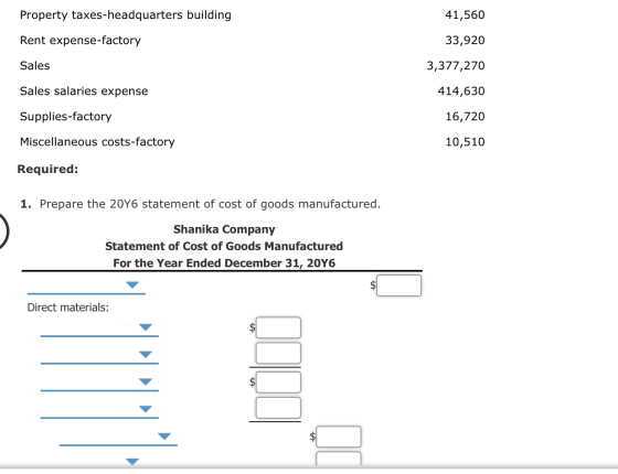 Property taxes-headquarters building 41,560 Rent expense-factory 33,920 3,377,270 Sales Sales salaries expense Supplies-facto