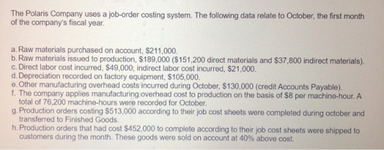 The Polaris Company uses a job-order costing system. The following data relate to October, the first month of the companys f