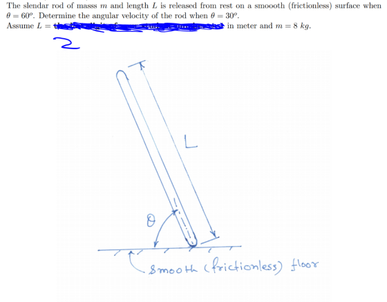 The slendar rod of masss m and length L is released from rest on a smoooth (frictionless) surface when 0= 60°. Determine the