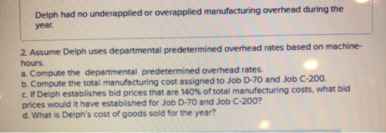 Delph had no underapplied or overapplied manufacturing overhead during the year. 2 Assume Delph uses departmental predetermin
