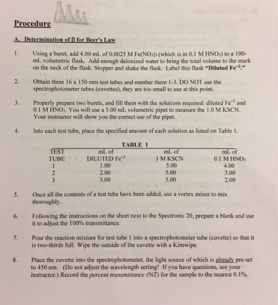 Procedure A. Determination of B for Beers Law 1. Using a buret, add 4.00 mL of 0.0025 M Fe(NO3)s (which is in 0.1 M HNOs) to a 100- mL volumetric flask. Add enough deionized water to bring the total volume to the mark on the neck of the flask. Stopper and shake the flask. Label this flask “Diluted Fe.” spectrophotometer tubes (cuvettes), they are too small to use at this point. 0.1 M HNOs. You will use a 5.00 mL volumetric pipet to measure the 1.0 M KSCN. 2. Obtain three 16 x 150 mm test tubes and number them 1-3. DO NOT use the 3. Properly prepare two burets, and fill them with the solutions required: diluted Fe3 and Your instructor will show you the correct use of the pipet. 4. Into each test tube, place the specified amount of each solution as listed on Table 1. TABLE 1 TEST TUBE DILUTED Fe3 1.00 2.00 3.00 mL of 1 M KSCN 5.00 5.00 5.00 mL of 0.1 M HNO3 4.00 3.00 2.00 2 5. Once all the contents of a test tube have been added, use a vortex mixer to mix 6. Following the instructions on the sheet next to the Spectronic 20, prepare a blank and use 7. Pour the reaction mixture for test tube I into a spectrophotometer tube (cuvette) so that it 8. Place the cuvette into the spectrophotometer, the light source of which is already pre-set thoroughly. it to adjust the 100% transmittance. is two-thirds full. Wipe the outside of the cuvette with a Kimwipe. to 450 nm. (Do not adjust the wavelength setting! If you have questions, see your instructor.) Record the percent transmittance (%T) for the sample to the nearest 0.1%.