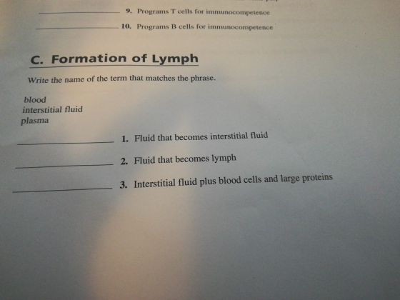 9. Programs T cells for immunocompetence 10. Programs B cells for immunocompetence C. Formation of Lymph Write the name of th