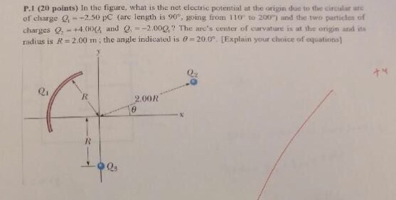 P.1 (20 points) In the figure, what is the net clectric potential at the origin due to the circular arc of charge Q 2.50 pc (arc length is 90 going from 110 to 200) and the two particles of charges +4.000 and Q, -2,000 The arcs center of curvature is at the origin and its radius is R 2.00 m the angle indicated is 20.0 [Explain your choice of equations1 00R