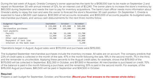 During the last week of August, Oneida Companys owner approaches the bank for a $108,000 loan to be made on September 2 and