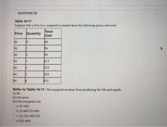 QUESTION 25 Table 14-11 Suppose that a firm in a competitive Price Quantity Total cost Refer to Table 14-11. The marginal rev