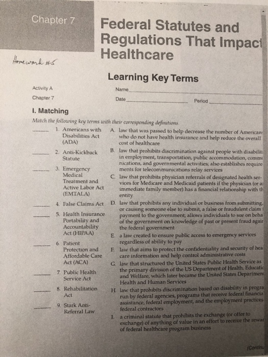 Chapter 7 Federal Statutes and Regulations That Impact Healthcare Horsewark #5 Learning Key Terms Activity A Name Chapter 7 D