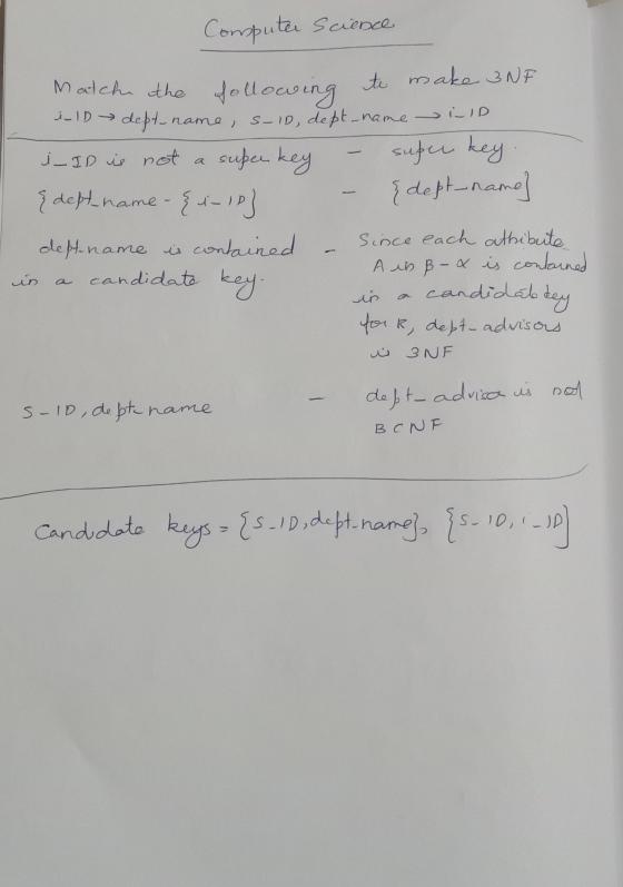 Consputer science Match the following to make 3 NF i-ID dept-name, s-10, dept_name in ID i_ID is not a super key super key {d
