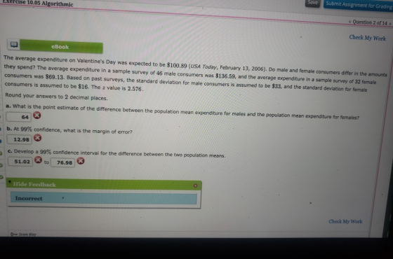 Exercise 10.05 Algorithmic Save Submit Assignment for Grading Question 2 of 14 Check My Work eBook The average expenditure on