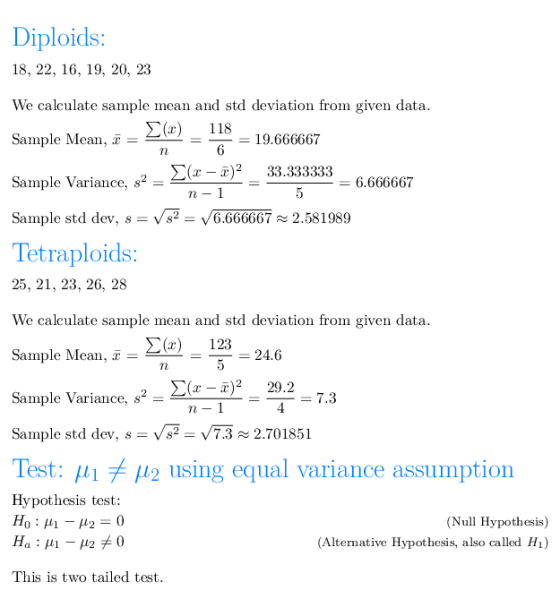 Diploids: 18, 22, 16, 19, 20, 23 We calculate sample mean and std deviation from given data Sample Mean, z-20 2-118 Sample Va