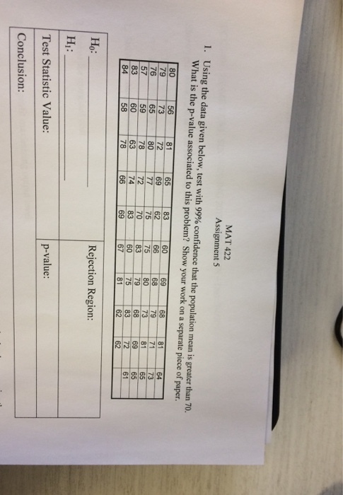 MAT 422 Assignment 5 l. Using the data given below, test with 99% confidence that the population mean is greater than 70 What is the p-value associated to this problem? Show your work on a separate piece of paper. 80 79 76 5 81 69 75 68 75 83 67 62 65 59 60 58 80 79 75 81 79 73 68 83 62 81 65 65 61 72 70 83 84 63 74 78 83 62 Но: Hi: Test Statistic Value: Conclusion: Rejection Region p-value: