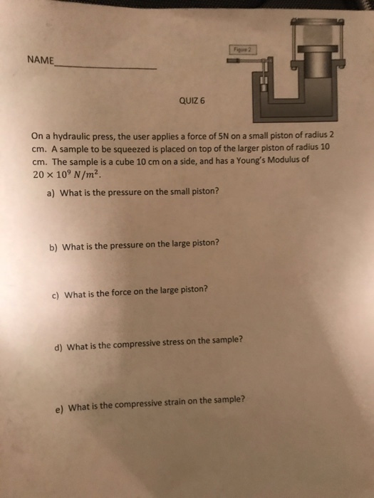 NAME QUIZ 6 On a hydraulic press, the user applies a force of 5N on a small piston of radius 2 cm. A sample to be squeezed is placed on top of the larger piston of radius 10 cm. The sample is a cube 10 cm on a side, and has a Youngs Modulus of 20 × 109 N/m2 a) What is the pressure on the small piston? b) What is the pressure on the large piston? c) What is the force on the large piston? d) What is the compressive stress on the sample? e) What is the compressive strain on the sample?